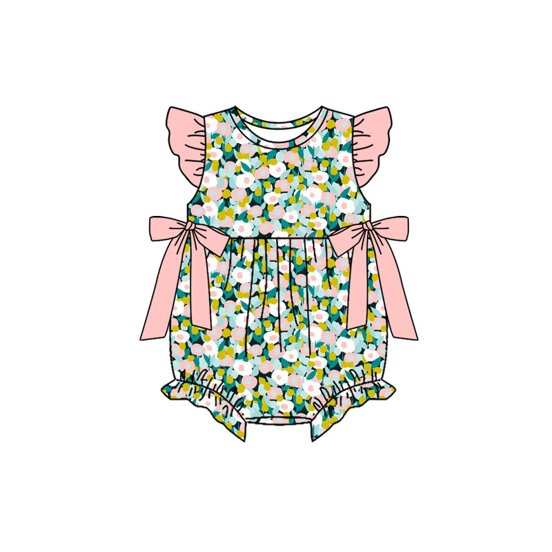 (Pre Order) No moq SR4125 Baby Girls Colorful Flower Flutter Short Sleeve Ruffle Hem Summer Rompers
