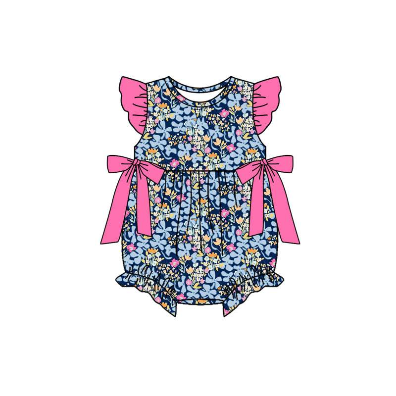 (Pre Order) No moq SR4126 Baby Girls Cute Colorful Flower Print Flutter Sleeve Ruffle Rompers
