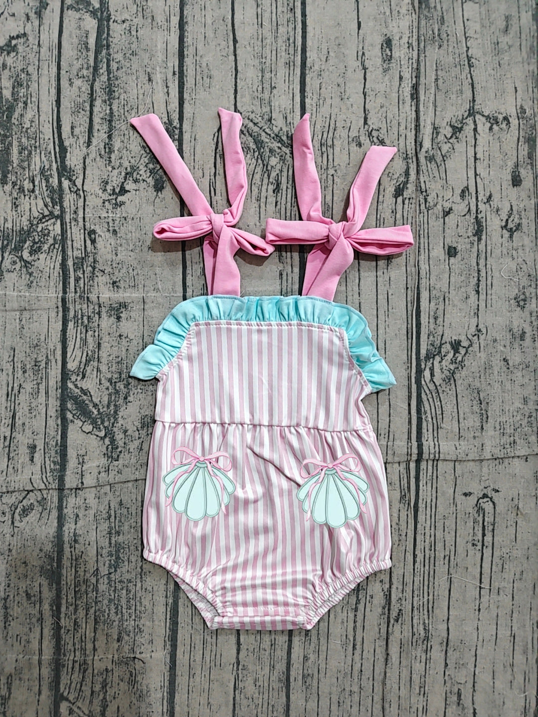 (Pre Order) No moq SR4127 Embroidery Baby Girls Summer Sweet Shell Embroidery Pocket Pink Stripe Sleeveless Girl Rompers