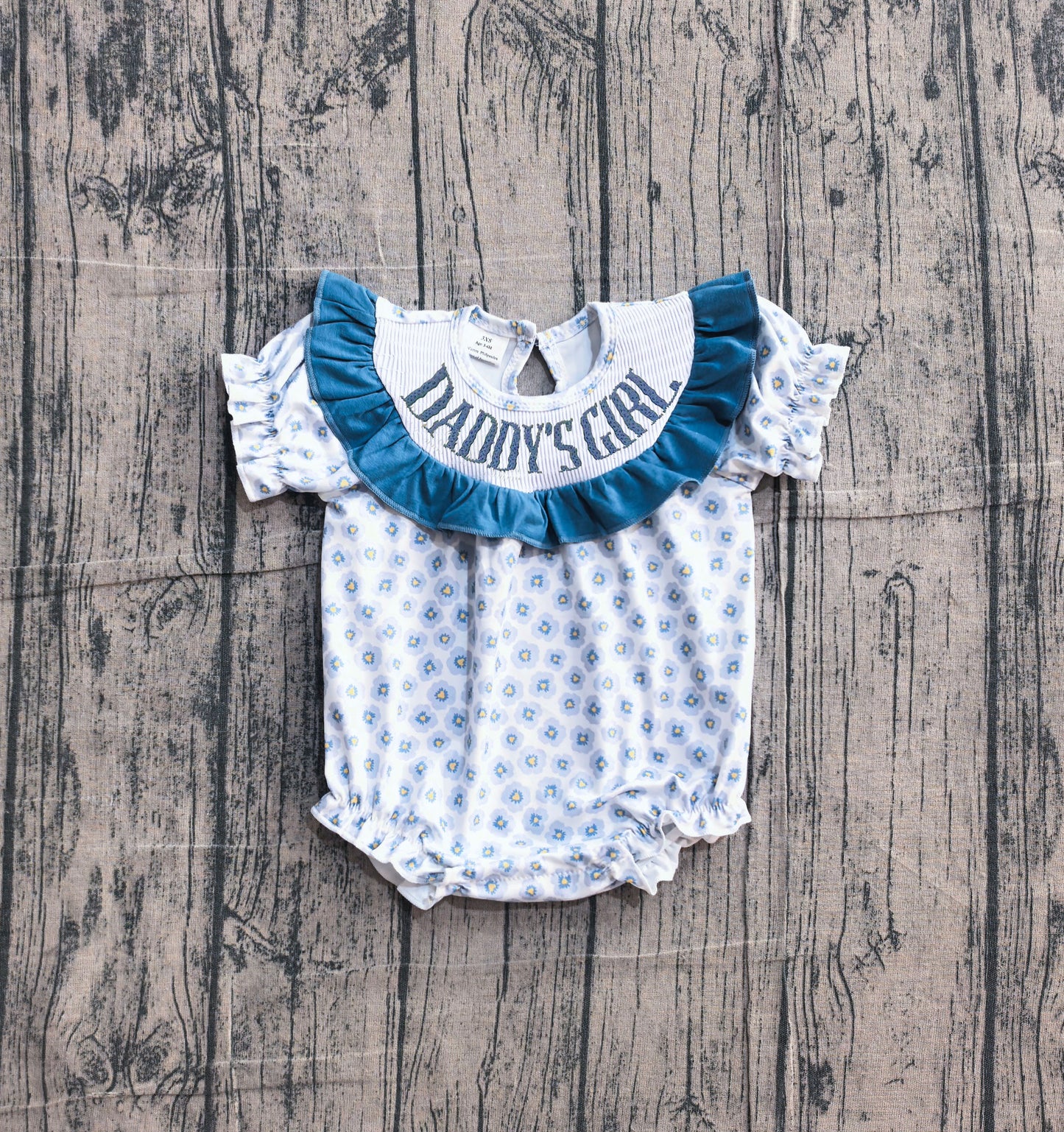 (Pre Order) No moq SR4141 Smocked Cute Blue Flower Print Daddys Girl Infant Ruffle Rompers