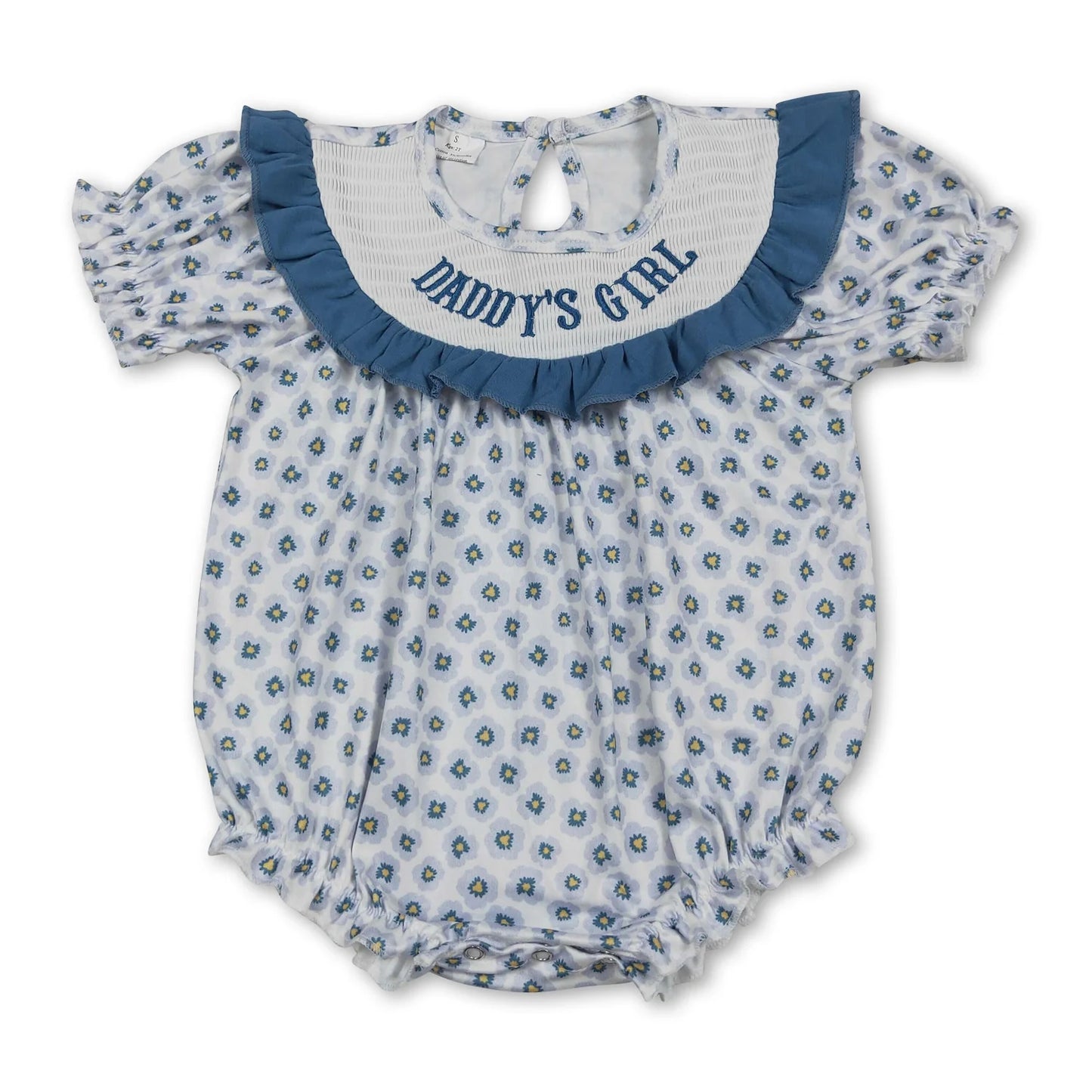 RTS NO MOQ Sibling milk silk Baby Girls Embroidery Blue Bows DADDY'S GIRL Ruffle Rompers