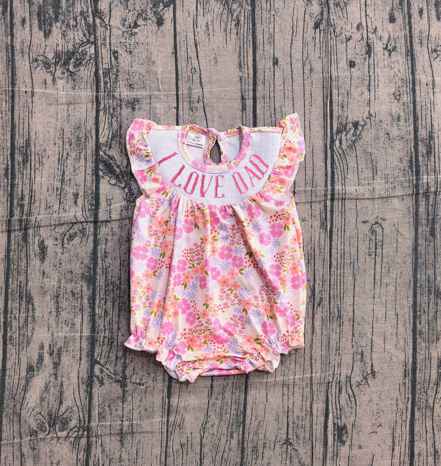 (Pre Order) No moq SR4142 Toddler Girls Smocked I Love Dad Floral Ruffle Sleeveless Romper