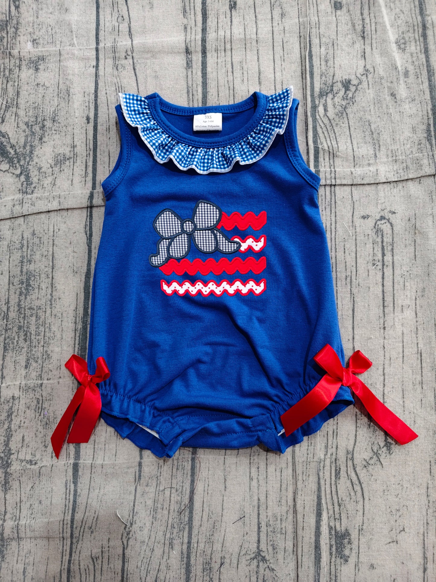 (Sample) No moq SR4152 Embroidery Baby Girls 4th of July Cute Flag Bow Embroidery Sleeveless Holiday Ruffle Romper