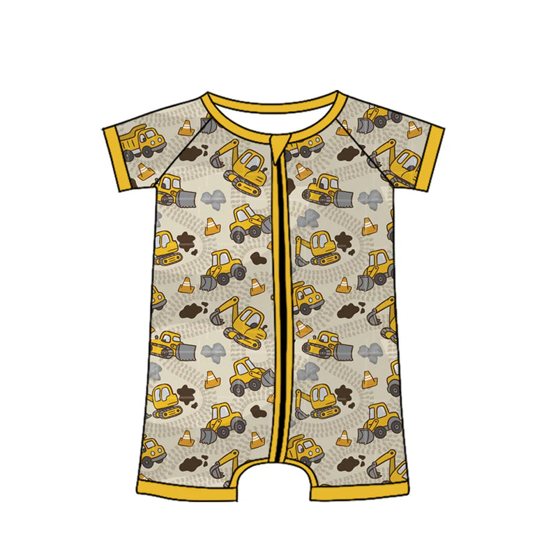 (Pre Order) No moq SR4183 Baby Boys Short Sleeve Excavators Tractors Zipper Romper