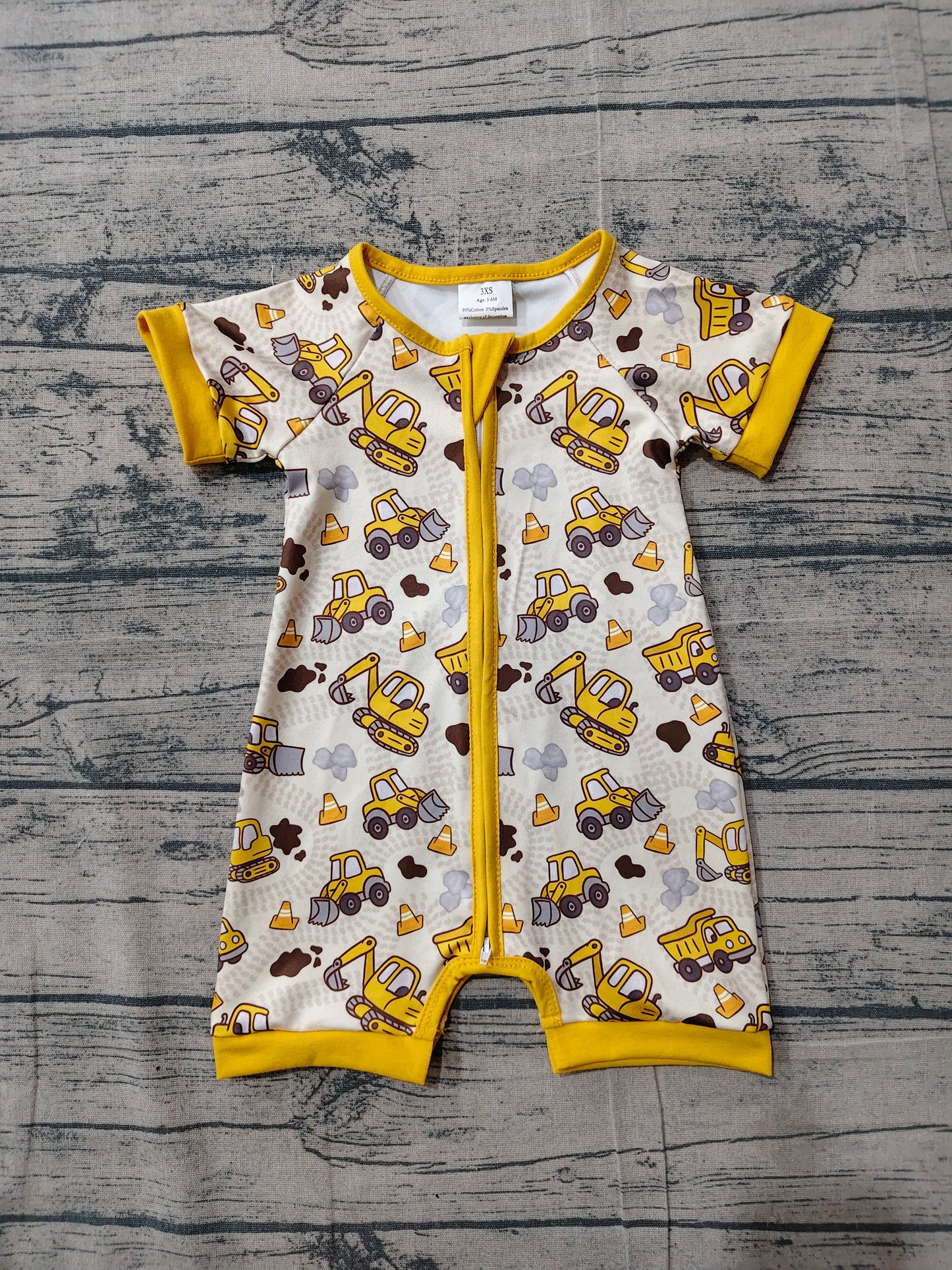 (Sample) No moq milk silk SR4183 Baby Boys Excavators Tractors Print Short Sleeve Zipper Romper
