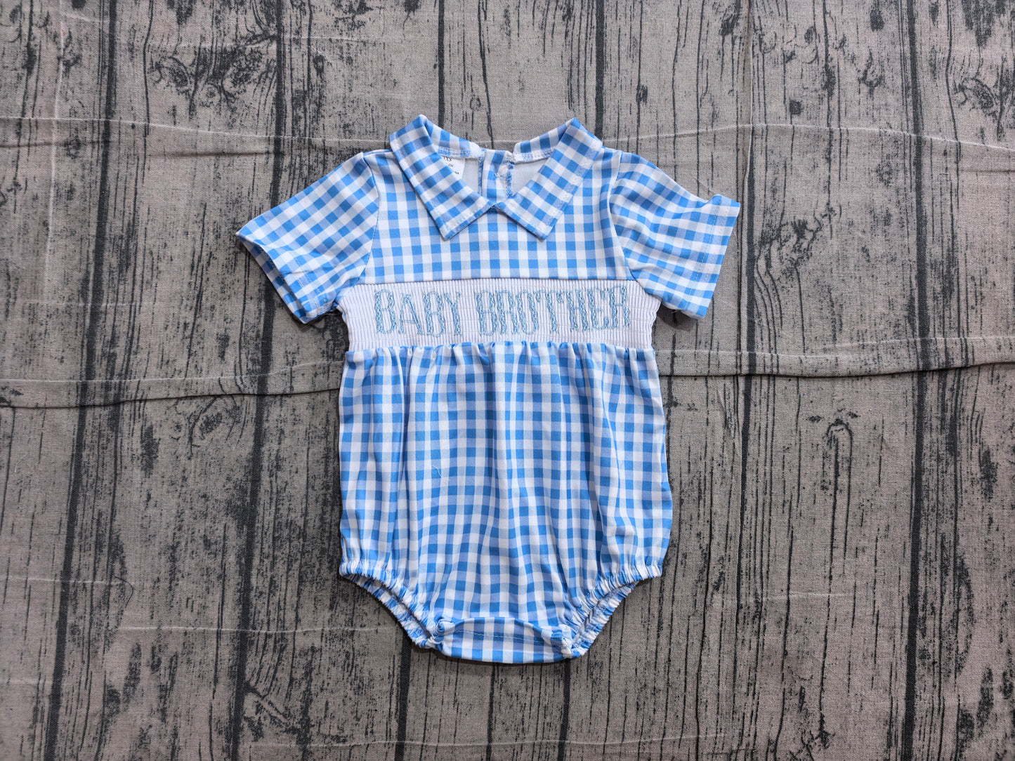 (Sample) No moq SR4231 Smocked Baby Blue Check Short Sleeve Rompers