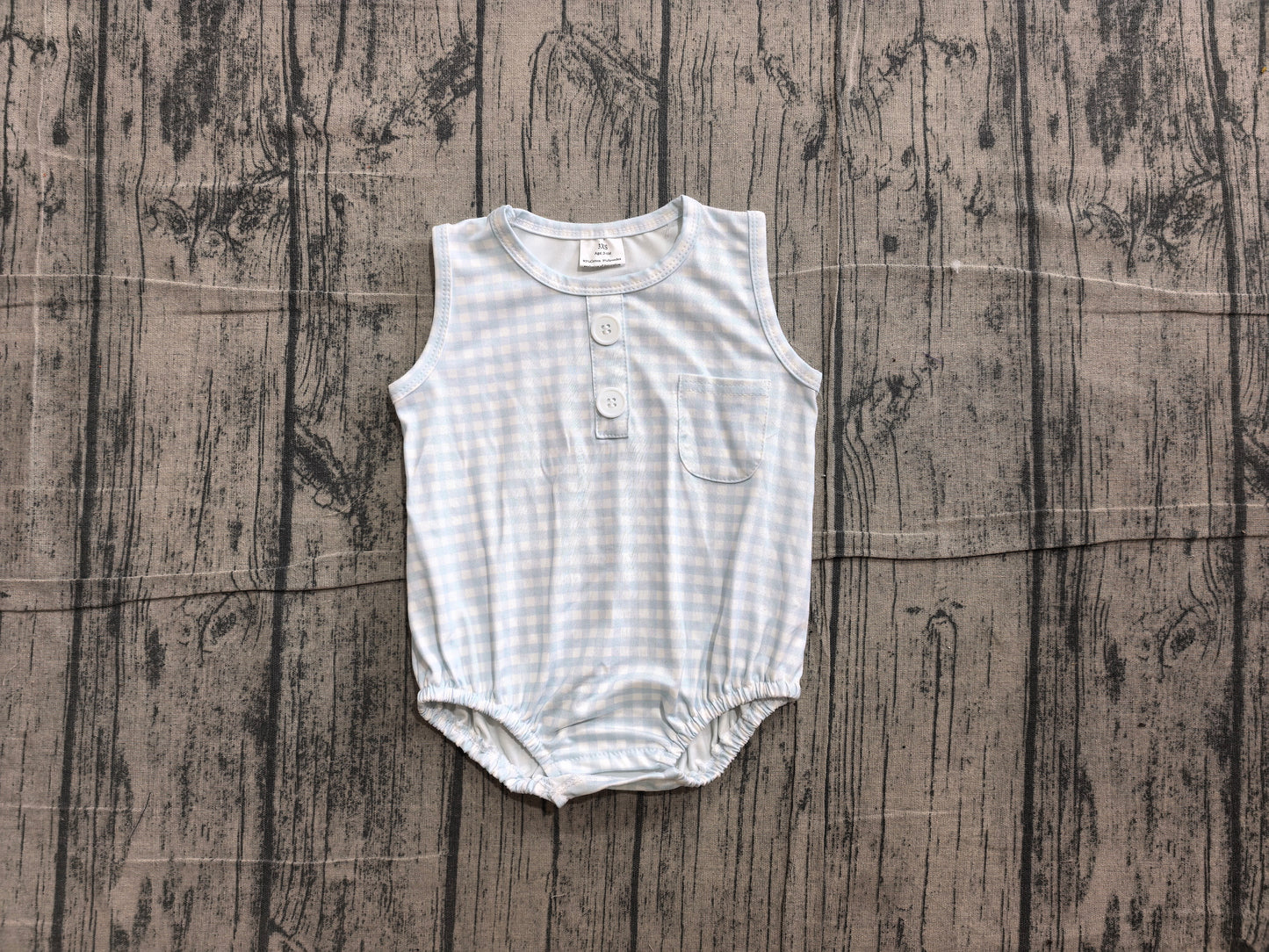 (Sample) No moq SR4232 Baby Light Blue Check Sleeveless Button Pocket Rompers