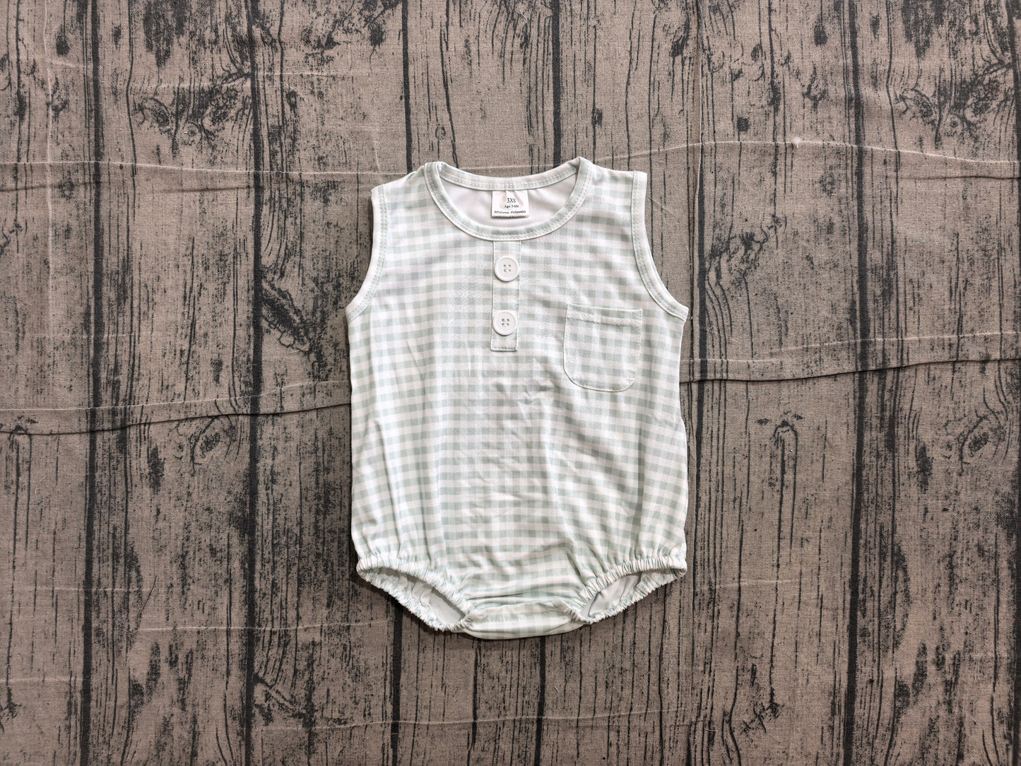 (Sample) No moq SR4234 Baby Light Green Check Sleeveless Pocket Button Rompers
