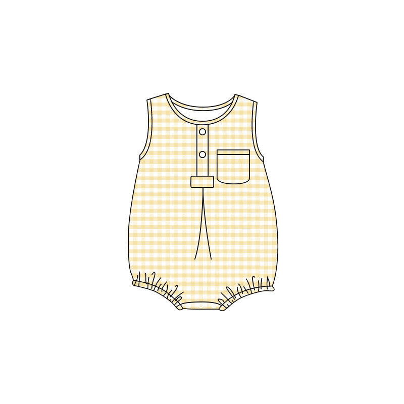 (Pre Order) No moq Infant Kids Sleeveless Checked Pocket Button Rompers