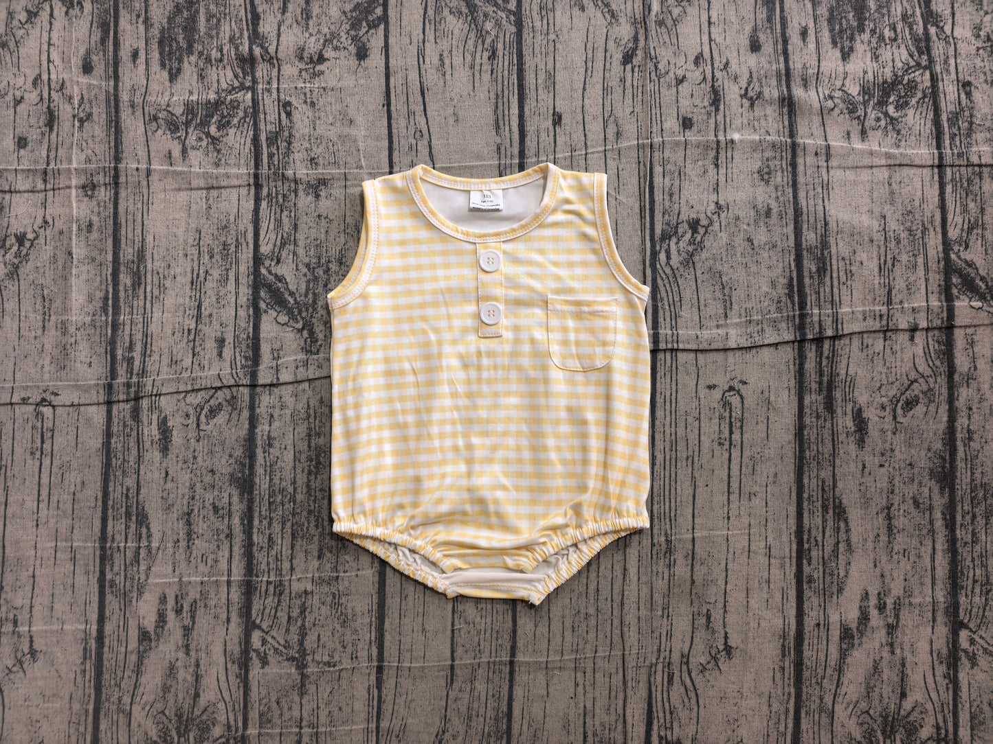 (Sample) No moq SR4236 Baby Casual Summer Yellow Check Sleeveless Button Pocket Rompers