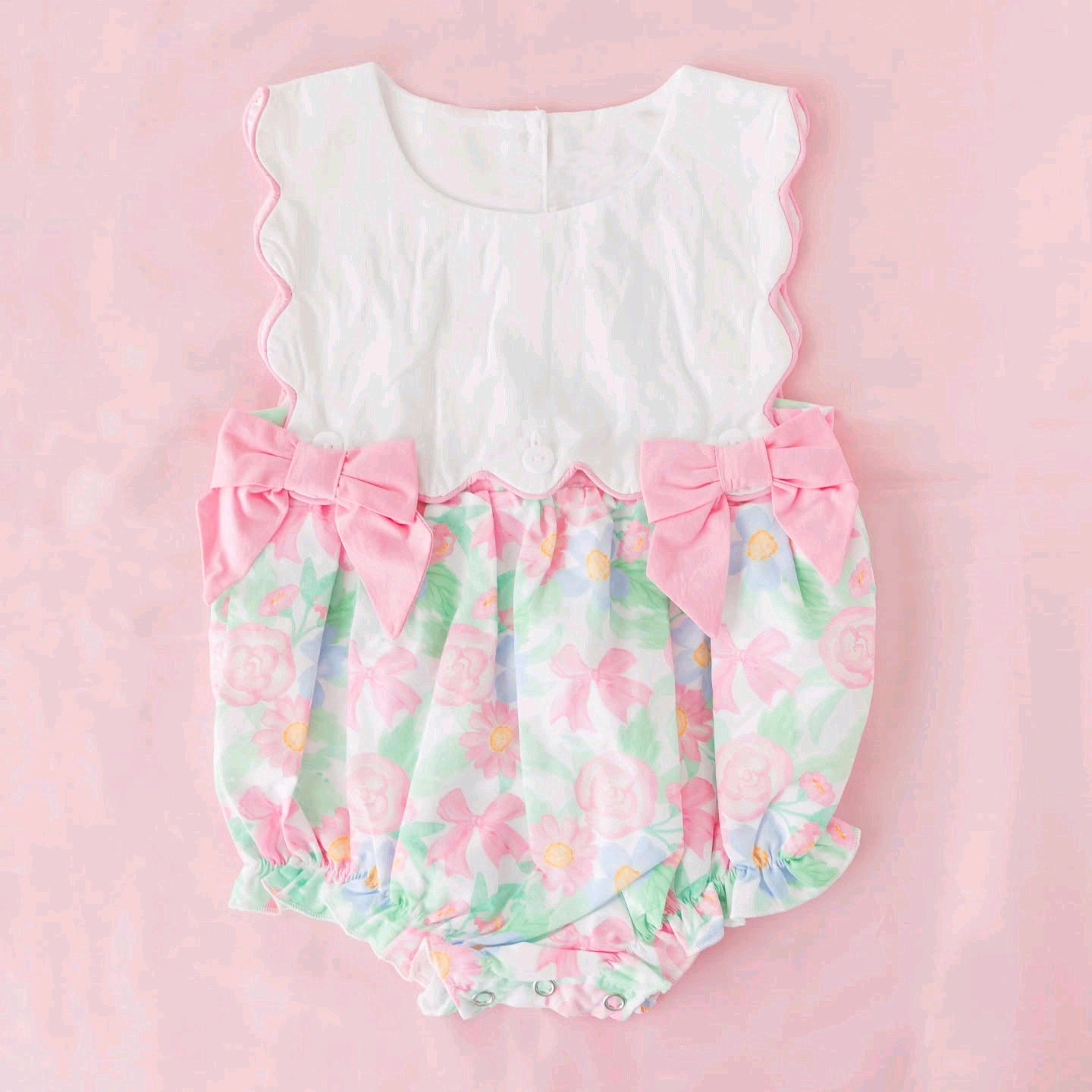(Pre Order) No moq SR4237 Toddler Girls Scallop Trim Colorful Flower Ruffle Sleeveless Rompers