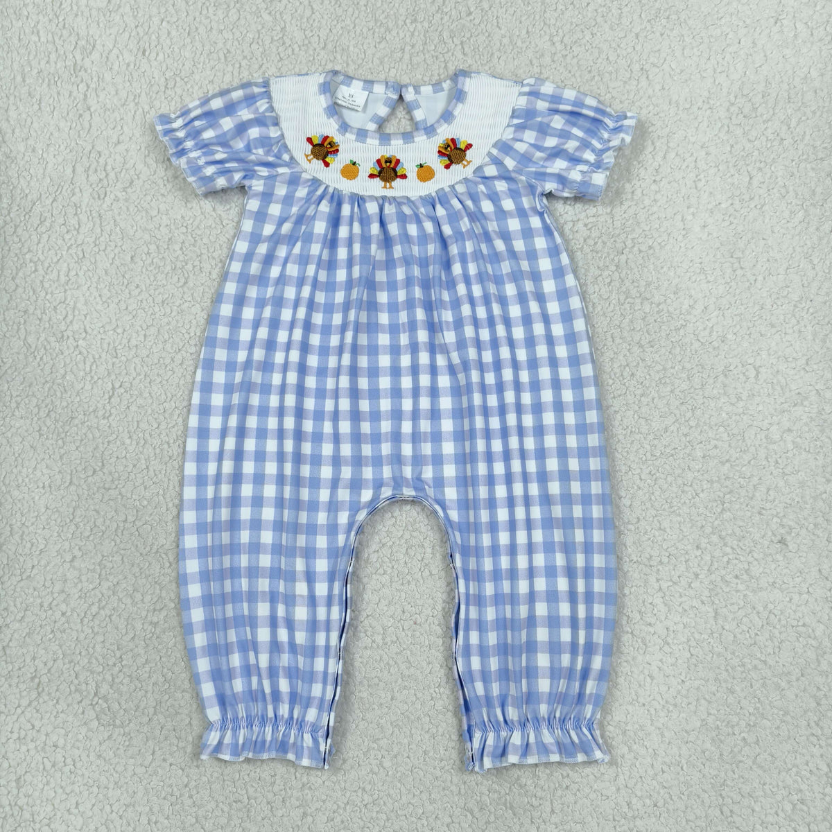 RTS NO MOQ Sibling milk silk Smocked Baby Girls Thanksgiving Turkey Embroidery Blue Gingham Romper And Dress Set