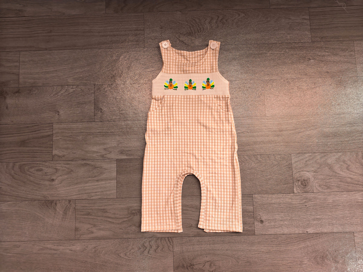 (Sample) No moq milk silk SR4277 Smocked Baby Boys Sleeveless Turkey Thanksgiving Print Checked Pockets Rompers Fall Holiday Rompers