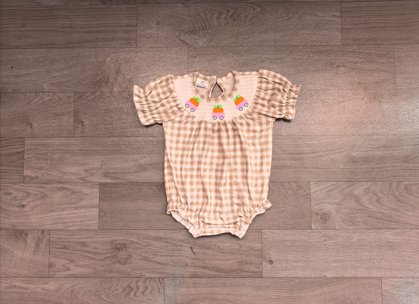 (Sample) No moq milk silk SR4280 Smocked Baby Girls Khaki Checked Pumpkins Trucks Fall Ruffle Rompers