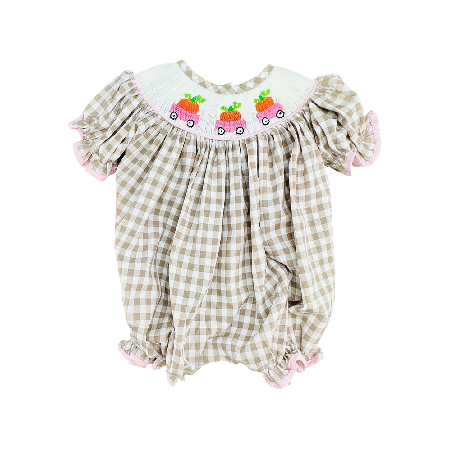 (Pre Order) No moq Baby Girls Khaki Checked Pumpkin Truck Print Long Sleeve Ruffle Knee Length Dresses Rompers