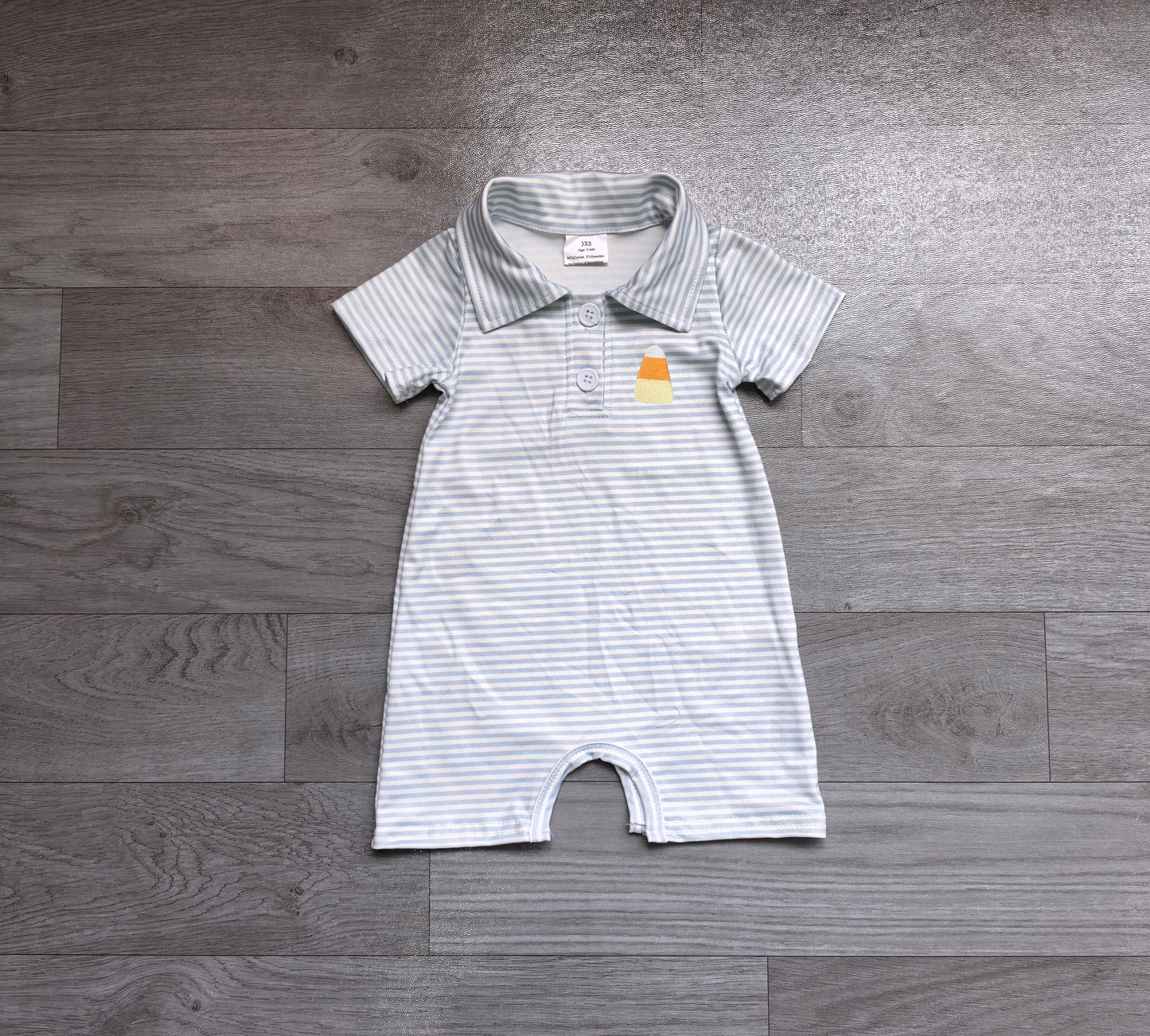 (Sample) No moq milk silk SR4281 Embroidery Baby Boys Blue Stripe Candy Print Short Sleeve Button Halloween Rompers