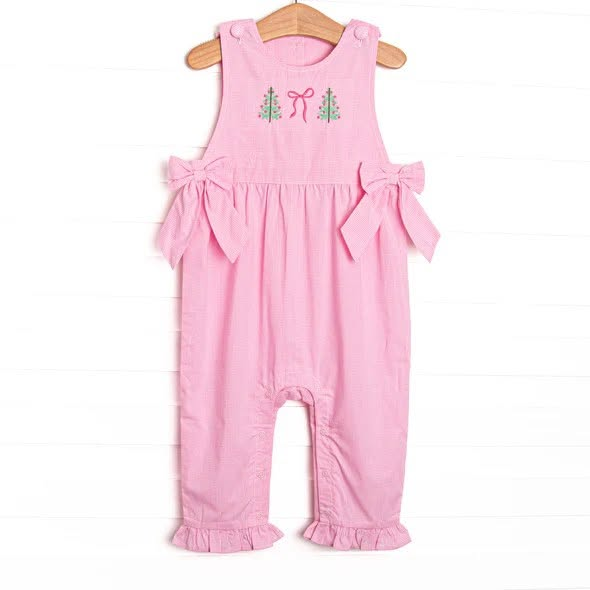 (Preorder new) No moq Baby Girls Pink Bows Trees Christmas Print Long Sleeve Long Pant Sets Romper