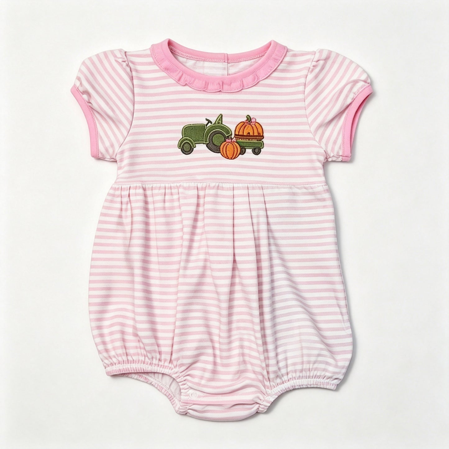 (Preorder new) No moq SR4287 Baby Girls Pink Stripe Pumpkins Truck Print Short Sleeve Fall Romper