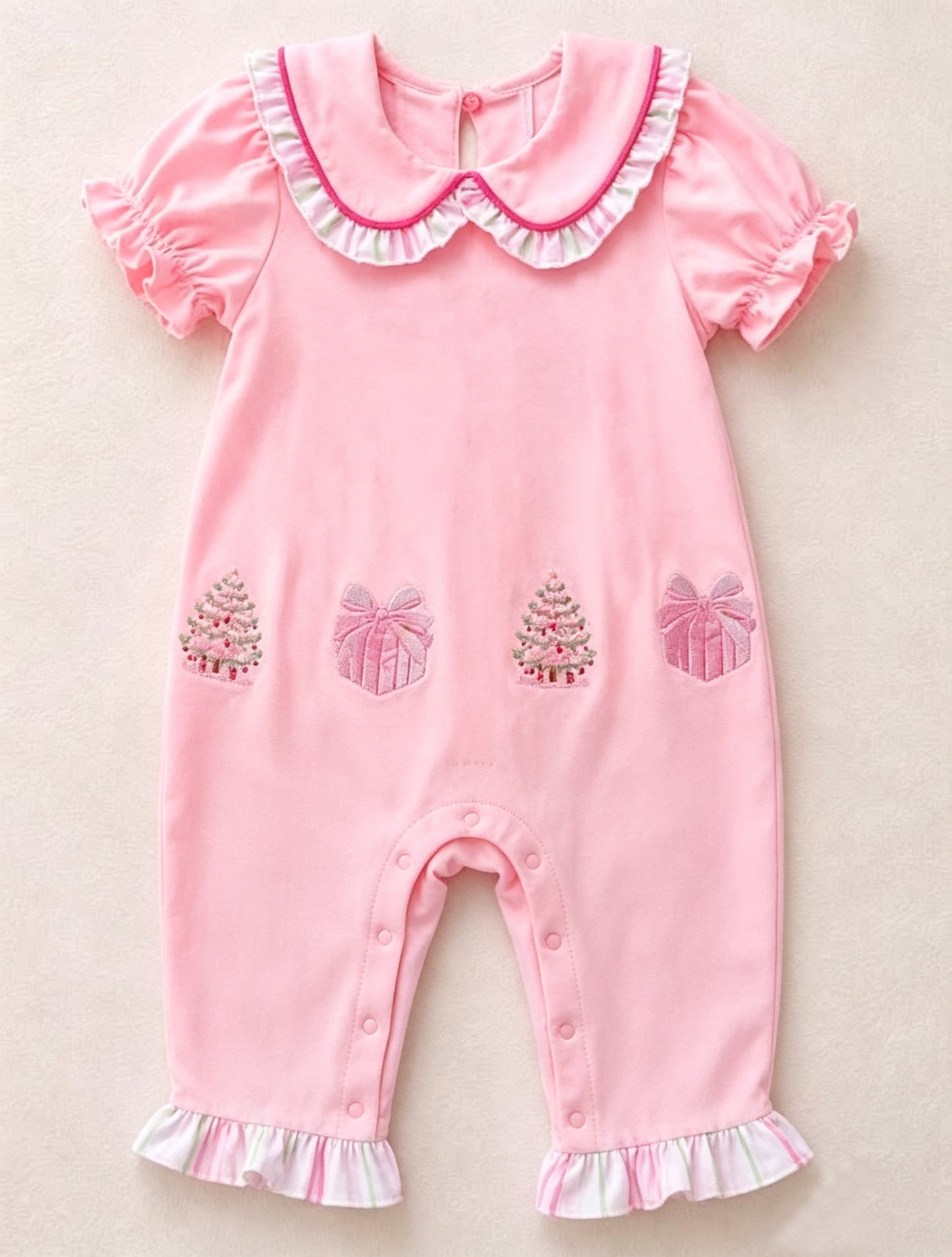 (Preorder new) No moq Baby Girls Pink Embroidered Christmas Tree Gift Short Sleeve Top Striped Pant Outfit Short Sleeve Romper
