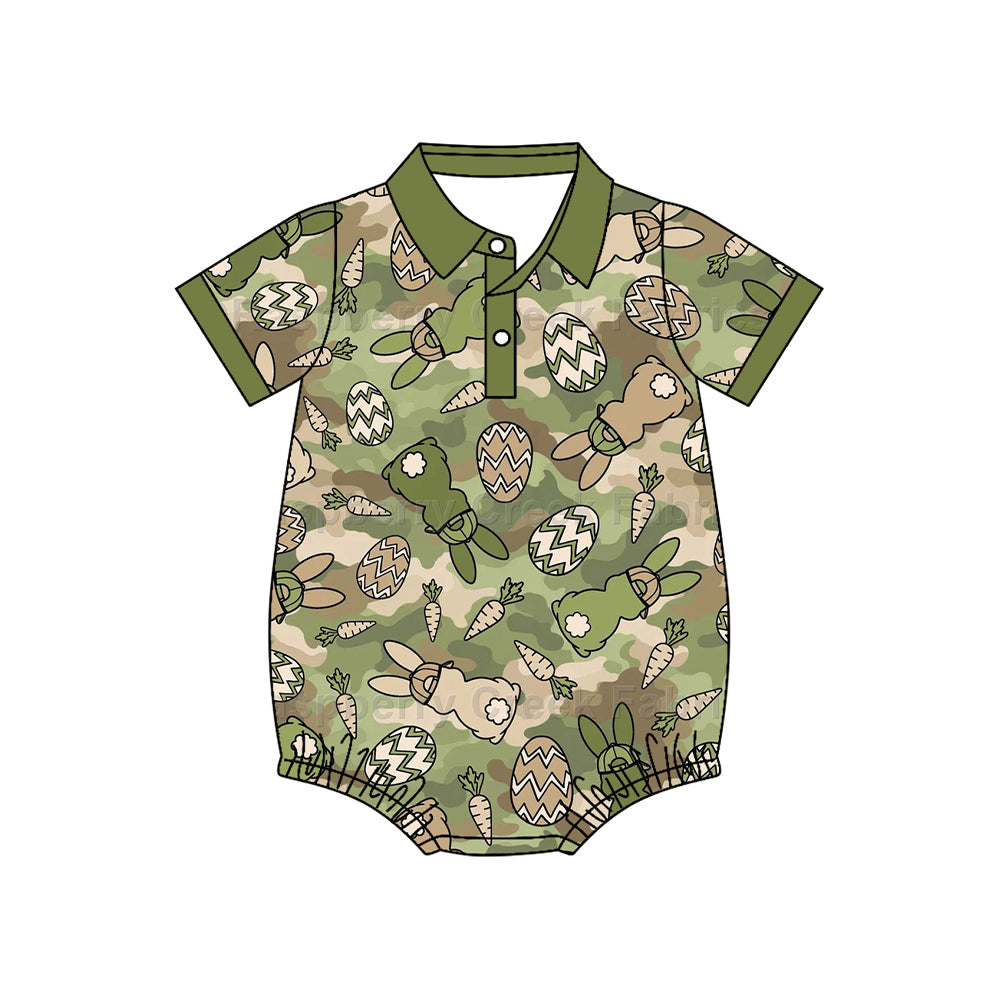 (Preorder new) No moq Baby Boys Green Camo Rabbits Eggs Easter Button Polos For Kids Shirts Top Spring Holiday Short Sleeve Casual Shirts Button Rompers