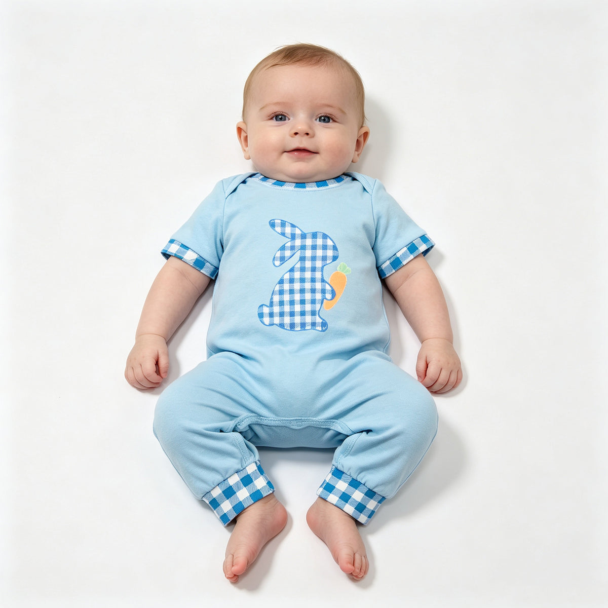 (Sample) No moq milk silk SR4297 Embroidery Rabbit And Carrots Baby Boys Blue Checked Easter Long Sleeve Pant Rompers