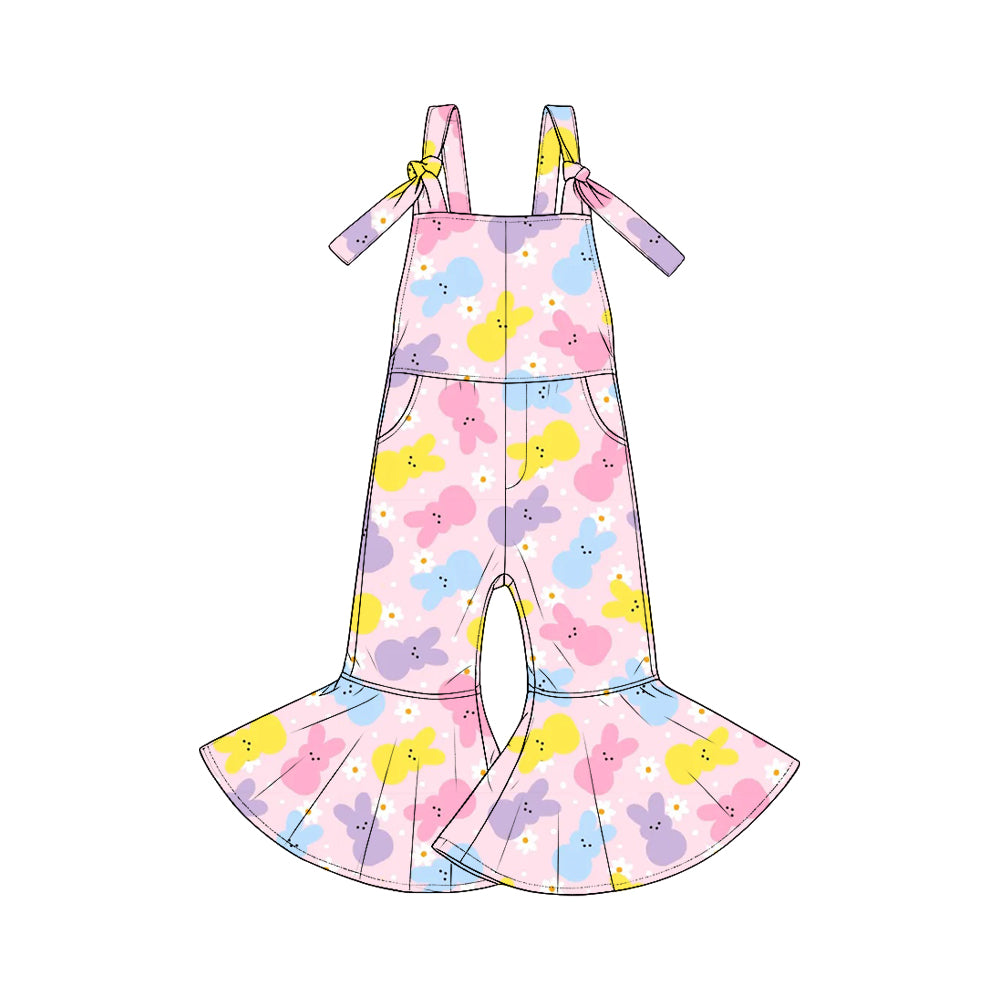 (Preorder new) No moq SR4298 Baby Kids Cute Girls Easter Sleeveless Tie Strap Flared Jumpsuit with Pockets