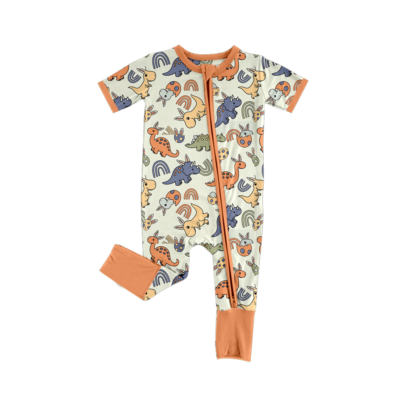 (Preorder new) No moq Baby Boys Kids Dinosaur Rainbow Print Button Down Short Sleeve Pajama Set Romper