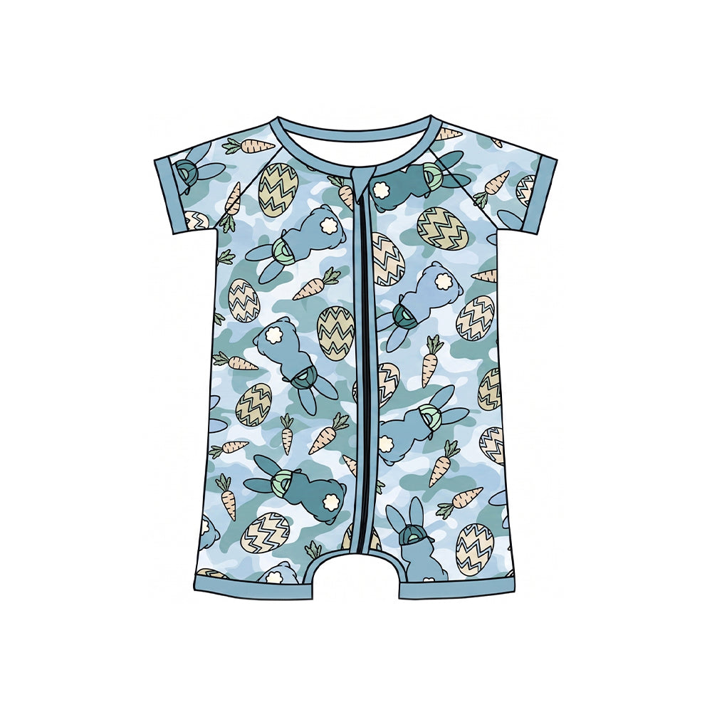 (Preorder new) No moq Baby Boys Blue Camo Easter Bunny Egg Carrot Print Short Sleeve Zip Romper And Pocket Tee Shorts Holiday Outfit Set
