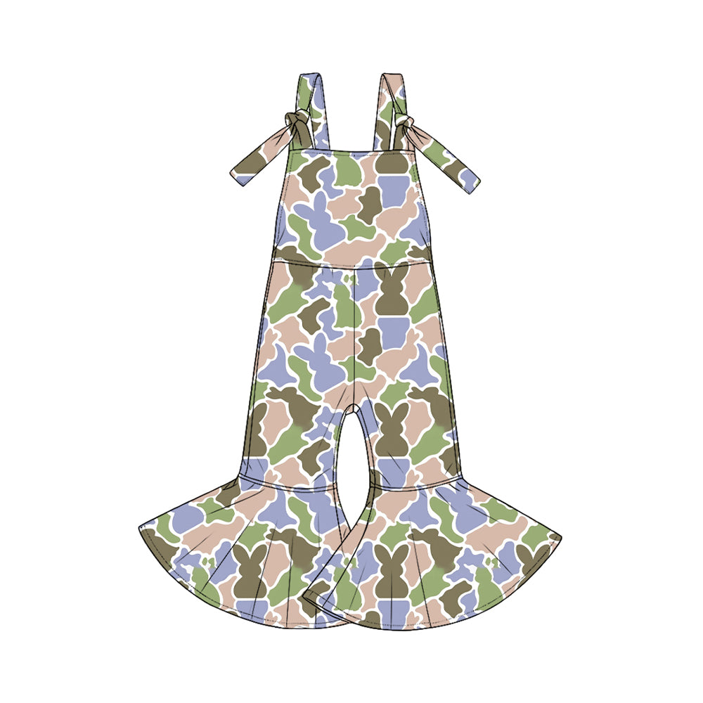 custom moq 5 mix size SETR05 Baby Girls Camo Easter Bunny Print Clothing Strap Flare Overalls Top And Elastic Waist Wide Leg Pants Spring Holiday Outfit Set