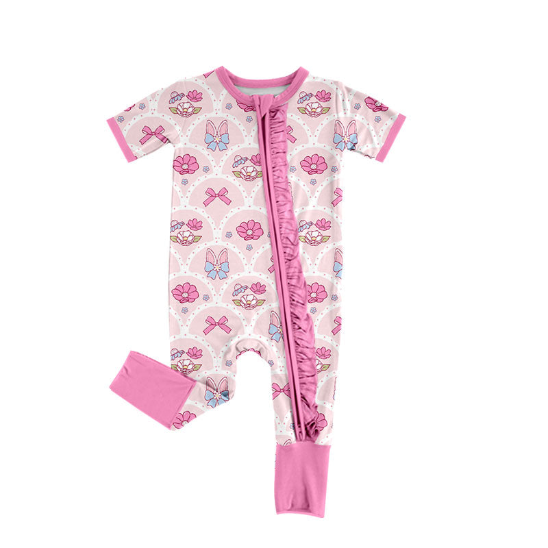 (Preorder new) No moq Baby Girls Pink Bunny Bow Flower Print Clothing Ruffle Hem Dress Button Down Pajama Set And Two Way Zip Romper Sleepwear Outfit Set