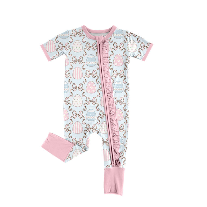 (Preorder new) No moq Baby Girls Easter Egg Bow Print Clothing Ruffle Hem Dress Button‑Down Pajama Set And Two‑Way Zip Baby Romper Spring Holiday Sleepwear Outfit Set