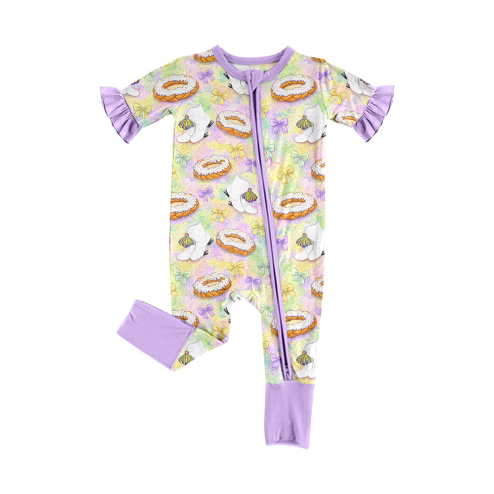 (Preorder new) No moq Baby Girls Cake Bow Print Ruffle Short Sleeve Pajama Set Two‑Way Zip Ruffle Romper Holiday Sleepwear Outfit