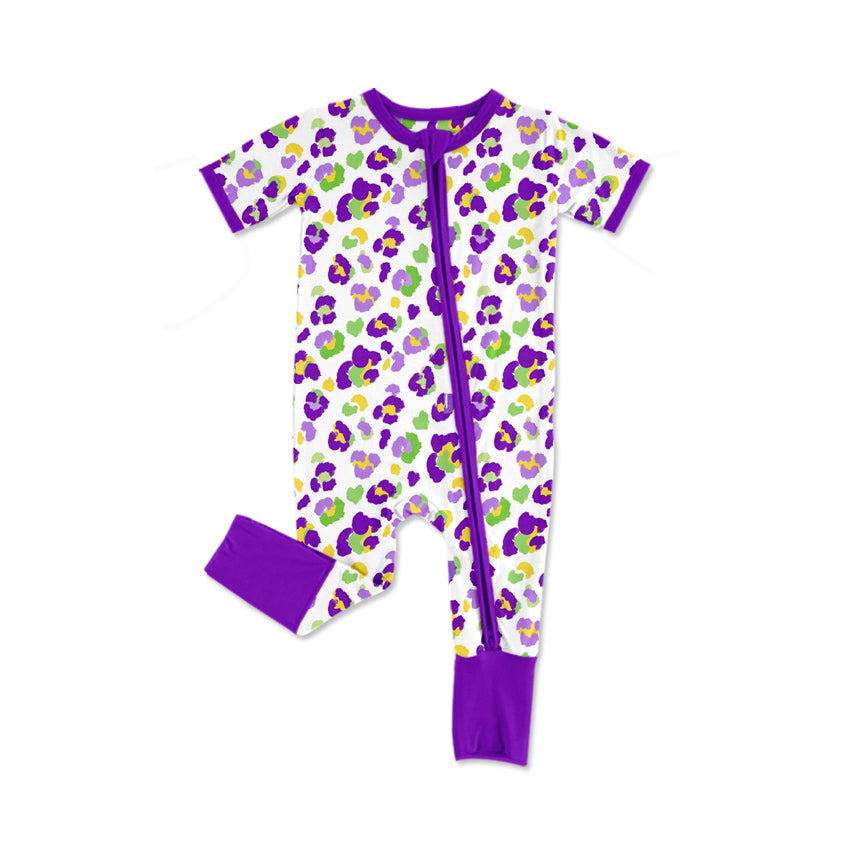 (Preorder new) No moq Baby Girls Leopard Print Ruffle Pajama Set Baby Two‑Way Zip Romper And Short Sleeve Ruffle Dress Purple Green Gold Festival Matching Sleepwear