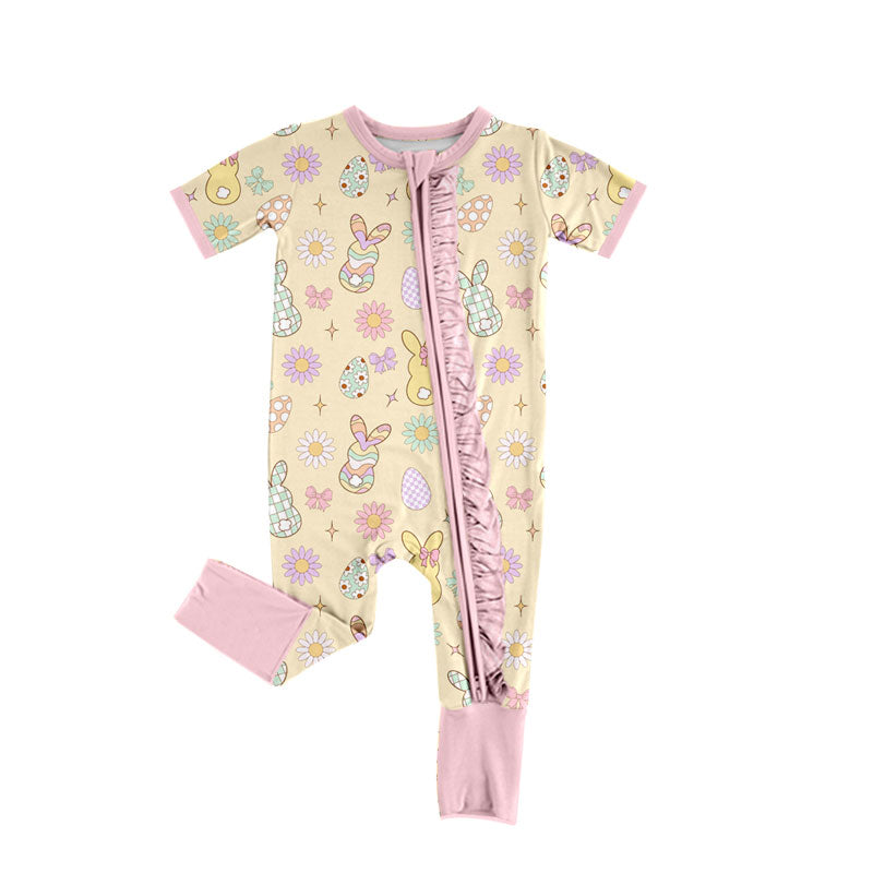 (Preorder new) No moq Baby Girls Easter Bunny Print Long Sleeve Sweatshirt And Side Bow Wide Leg Pants Spring Clothes Set Dress Rompers