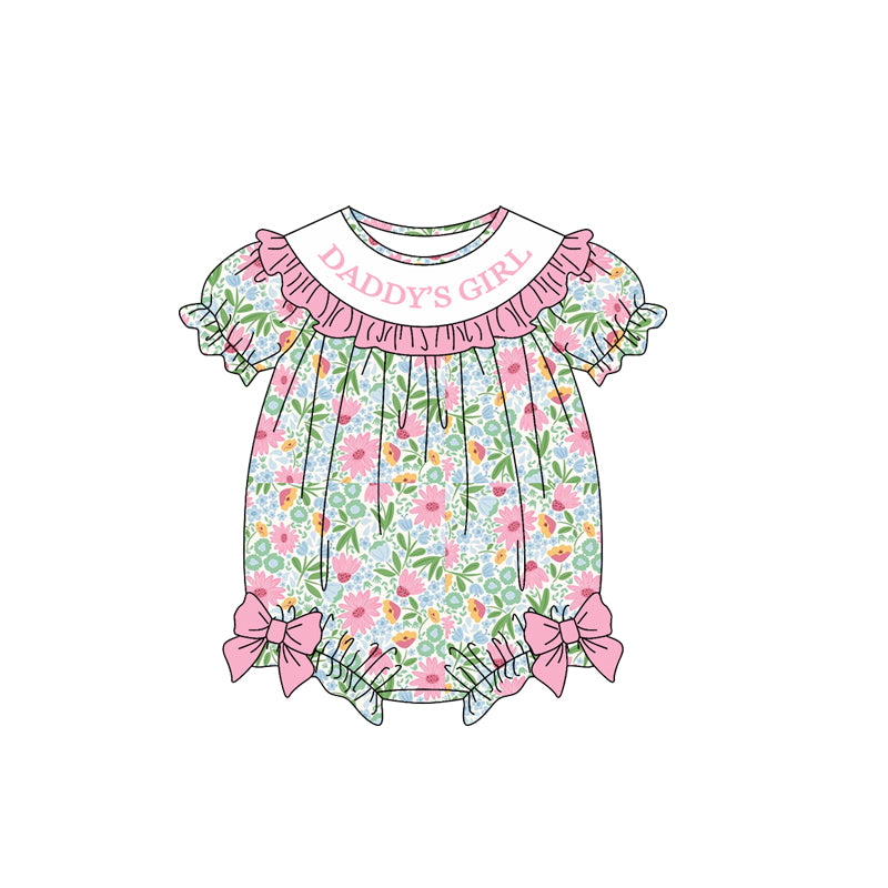 (Preorder new) No moq Baby Girls Floral Print Baby Bubble Romper With Ruffle Collar And Side Bows