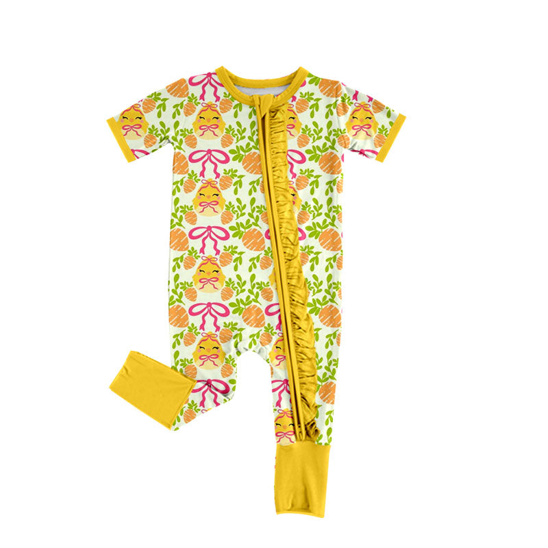 (Preorder new) No moq Baby Girls Easter Chick Carrot Print Ruffle Pajama Set And Zipper Romper
