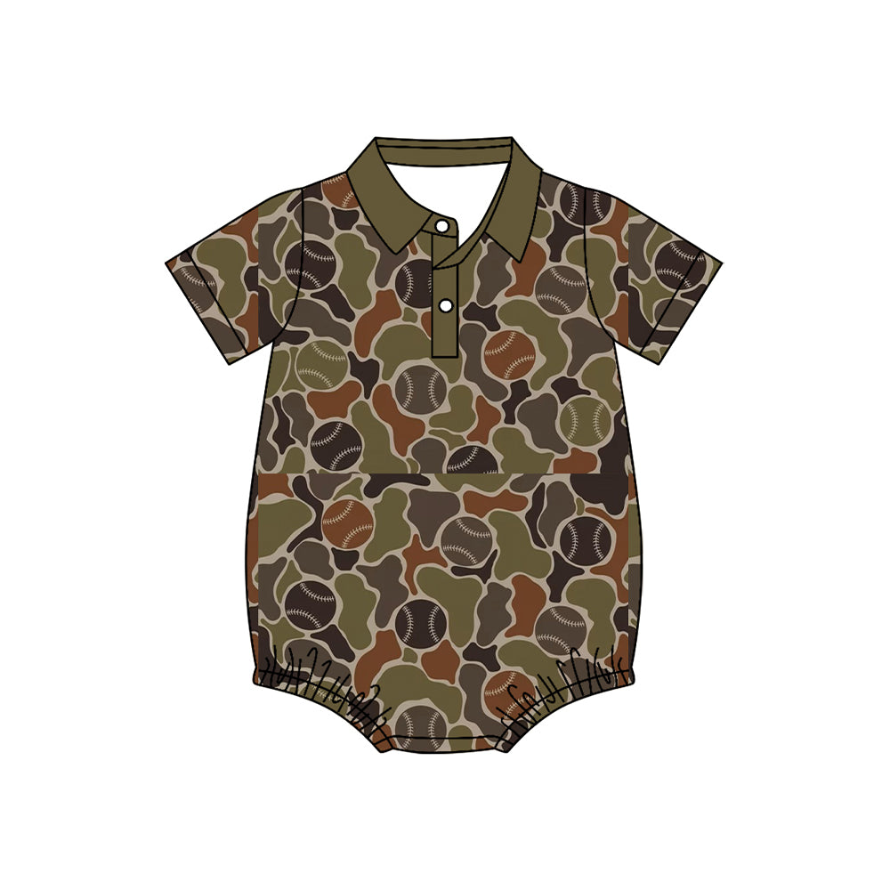 (Preorder new) No moq Baby Boys Baseball Camo Print Polo Romper Toddler Short Sleeve Camouflage Baseball Polo Shirt