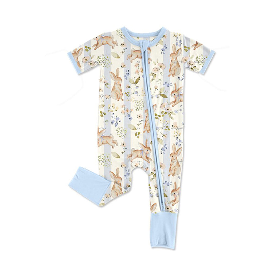 (Preorder new) No moq Baby Girls Easter Bunny Floral Print Tee And Bunny Floral Bell Bottom Pant Set Zipper Romper Ruffle Dress Outfit