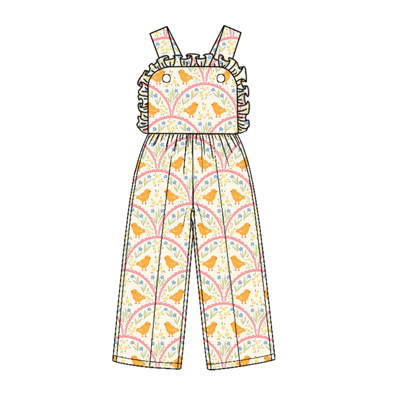 (Preorder new) No moq Baby Girls Easter Chick Rainbow Print Long Sleeve Top Pants Jumpsuit Outfit Set