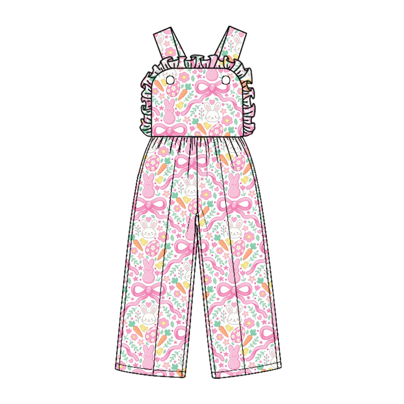 (Preorder new) No moq Baby Girls Pink Easter Bunny Bow Floral Print Long Sleeve Top Pants Jumpsuit Outfit Set