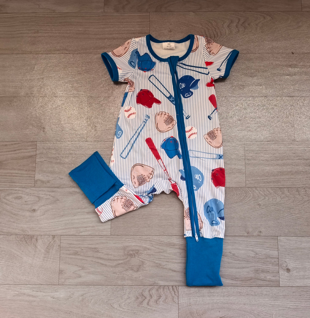 (Sample) No moq milk silk SR4336 Baby Boys Blue Stripe Baseballs Team Two Way Zip Rompers