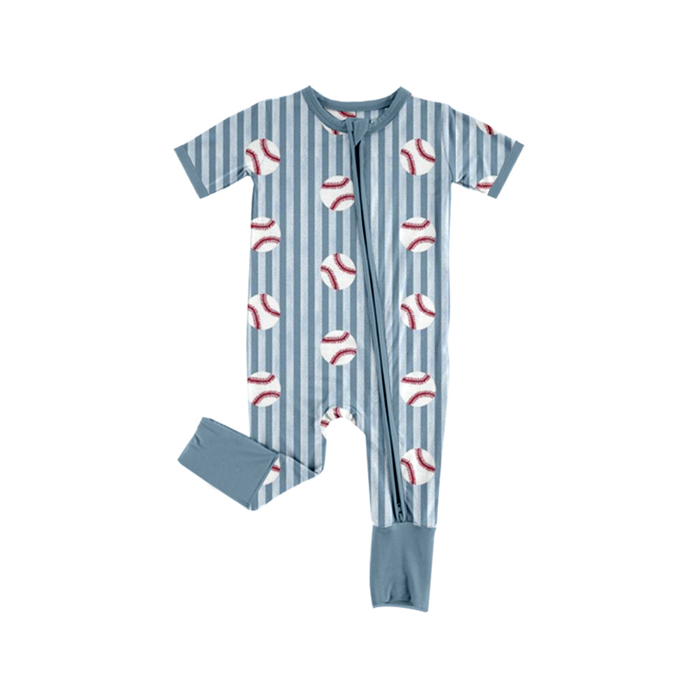(Preorder new) No moq Baby Boys Blue Stripe Baseball Print Short Sleeve Pajama Set And Zipper Romper