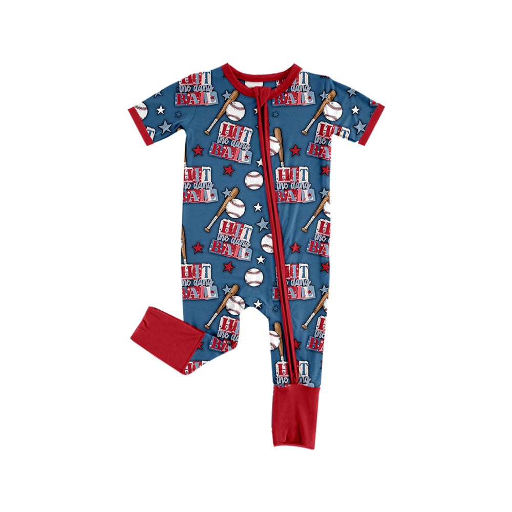 (Preorder new) No moq Baby Boys Blue Baseball Print Short Sleeve Pajama Set And Zipper Romper