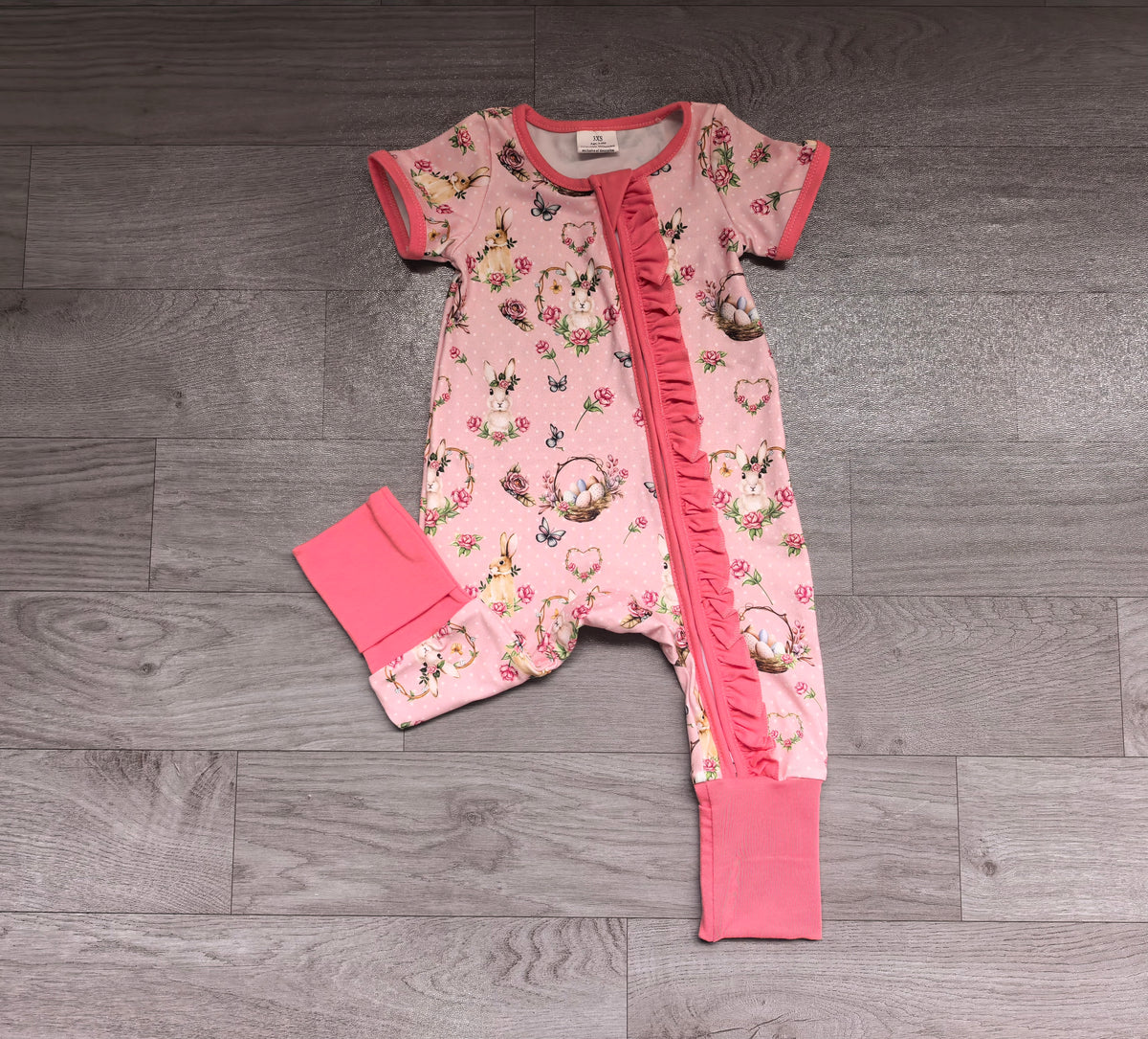 (Sample) No moq milk silk SR4342 Baby Girls Pink Easter Bunny Floral Print Ruffle Zipper Convertible Romper