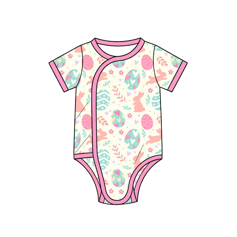 (Preorder new) No moq SR4343 Baby Girls Easter Rabbit Flower Egg Print Short Sleeve Baby Rompers