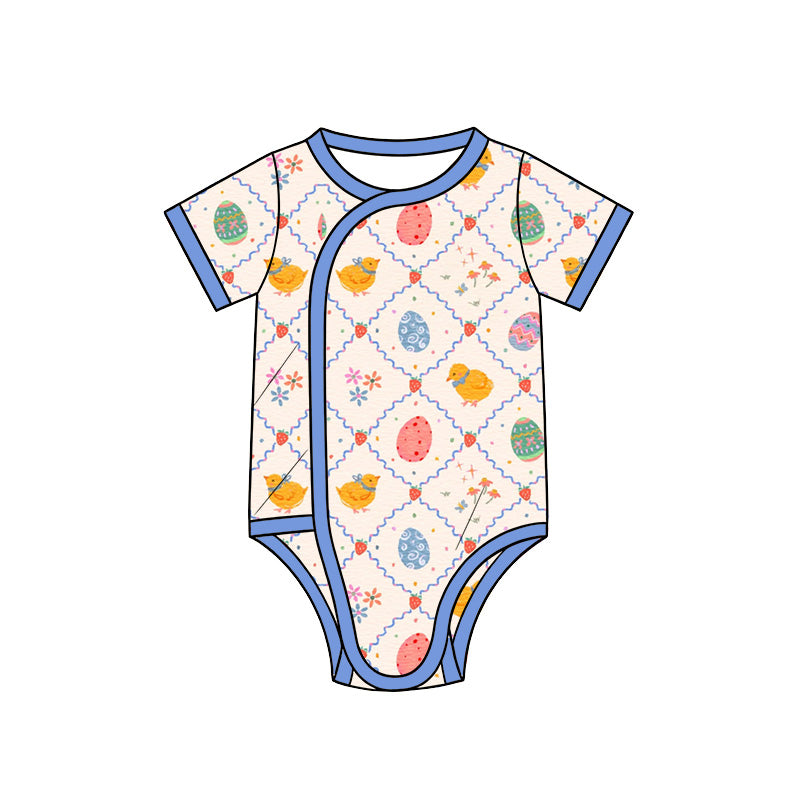 (Preorder new) No moq SR4344 Baby Girls Easter Checked Chick Print Short Sleeve Baby Rompers