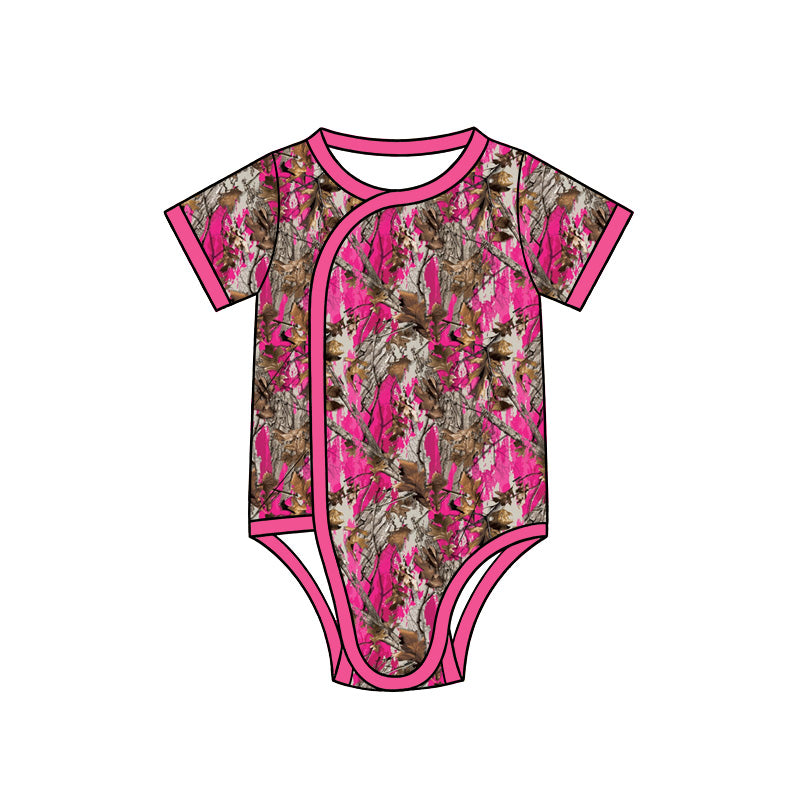 (Preorder new) No moq Baby Girls Pink Camo Leaf Print Short Sleeve Side Snap Bodysuit Romper