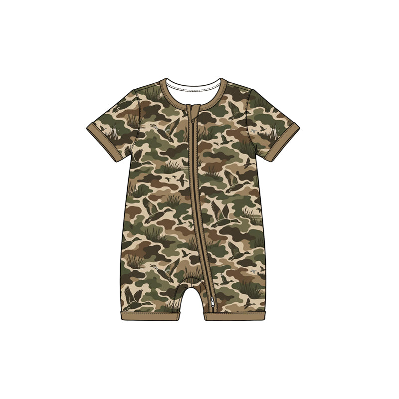 (Preorder new) No moq SR4362 Baby Boys Camo Duck Print Short Sleeve Zipper Romper