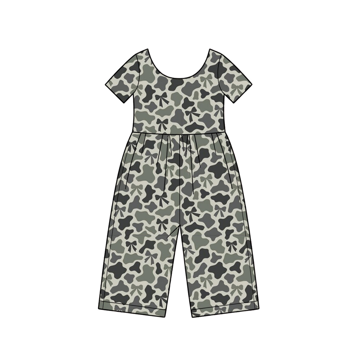 (Preorder new) No moq Baby Girls Camo Print Bow Short Sleeve Wide Leg Jumpsuit