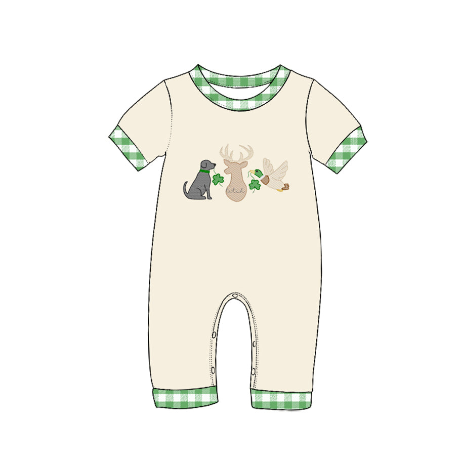 (Preorder new) No moq Baby Boys Clover Embroidery Top Green Gingham Drawstring Pant Outfit Romper
